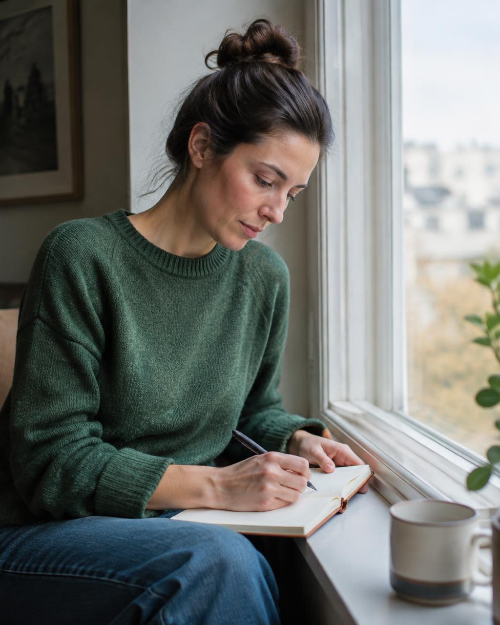 Frau schreibt am Fenster in ein Notizbuch