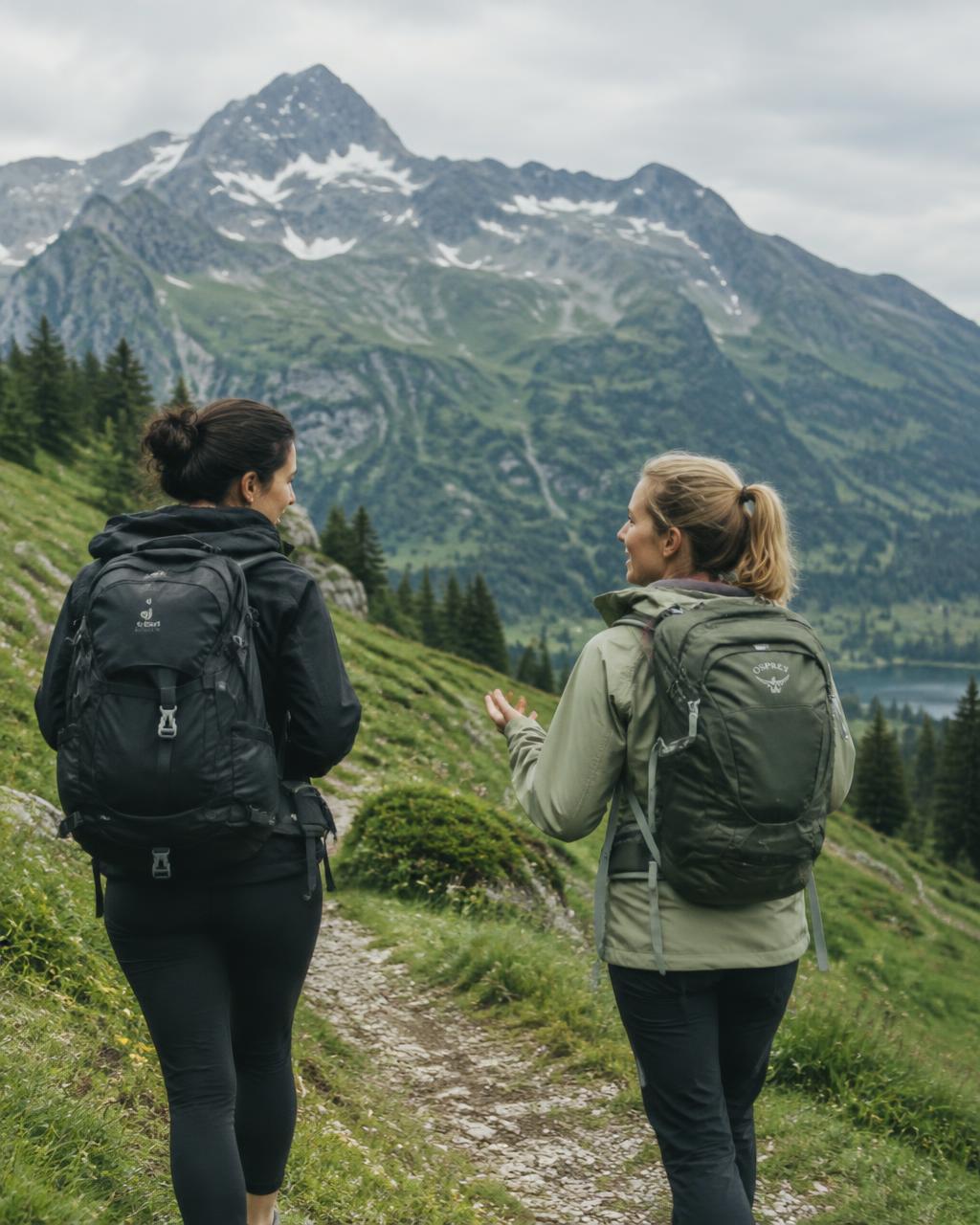 Zwei Frauen im Gespräch auf einem Bergweg