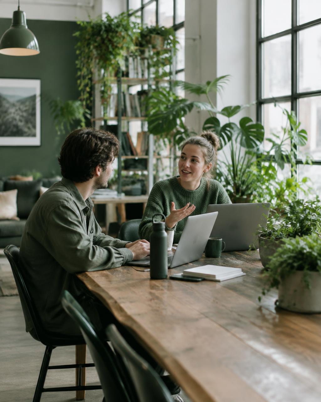 Zwei Menschen arbeiten im Gespräch an Laptops