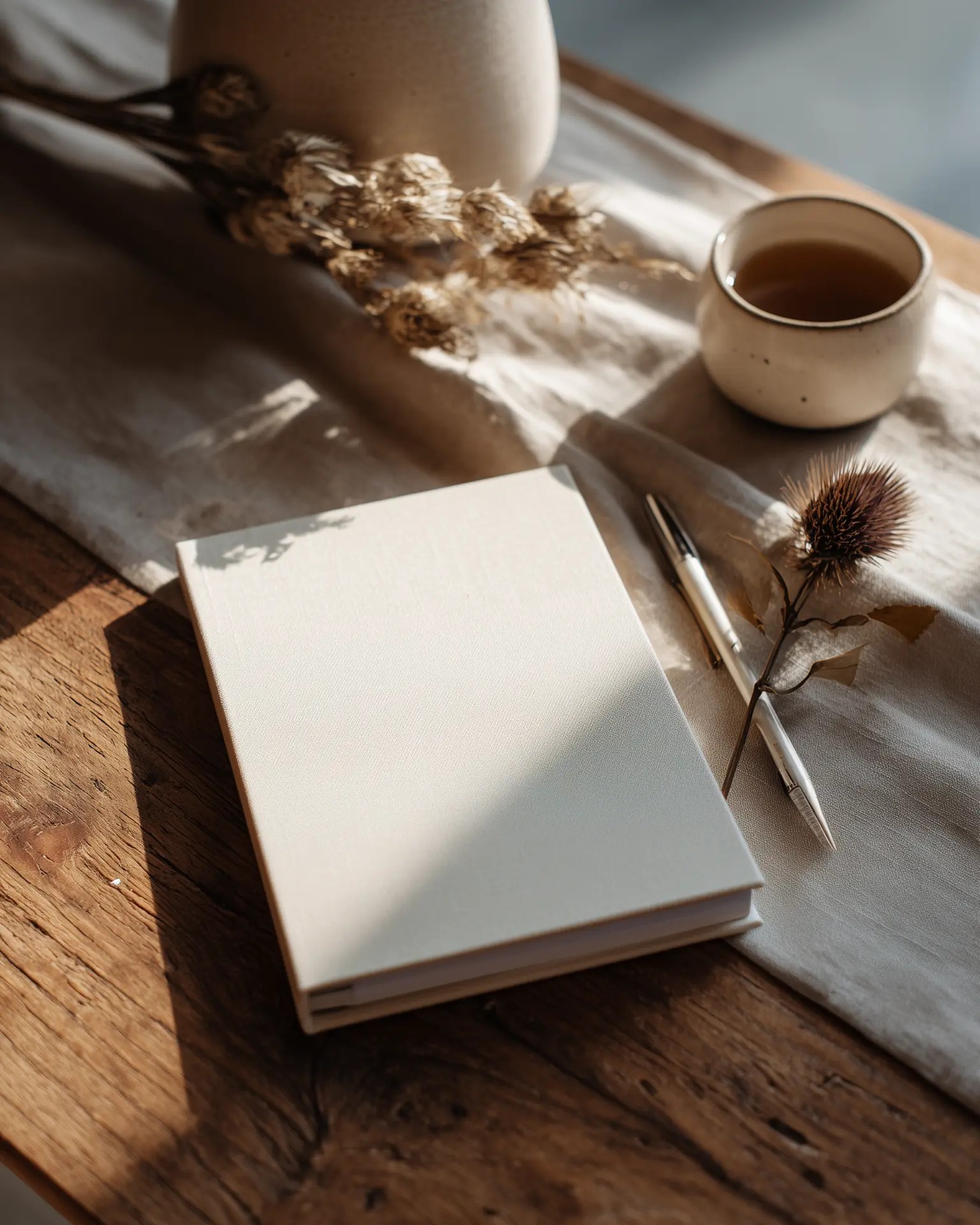 Aufgeschlagenes Workbook mit Stift auf einem Holztisch